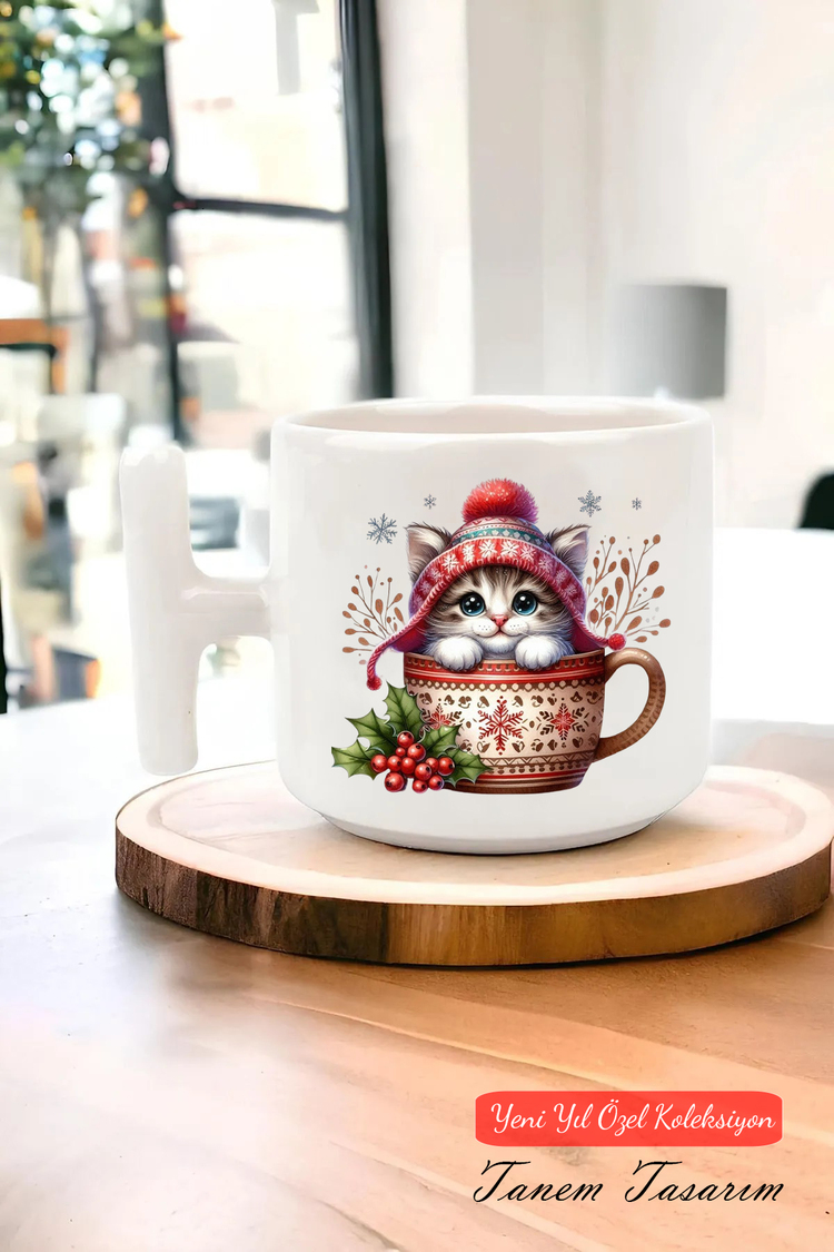 Yeni Yıl Yılbaşı Noel Tasarımlı T Kulp Seramik Kupa