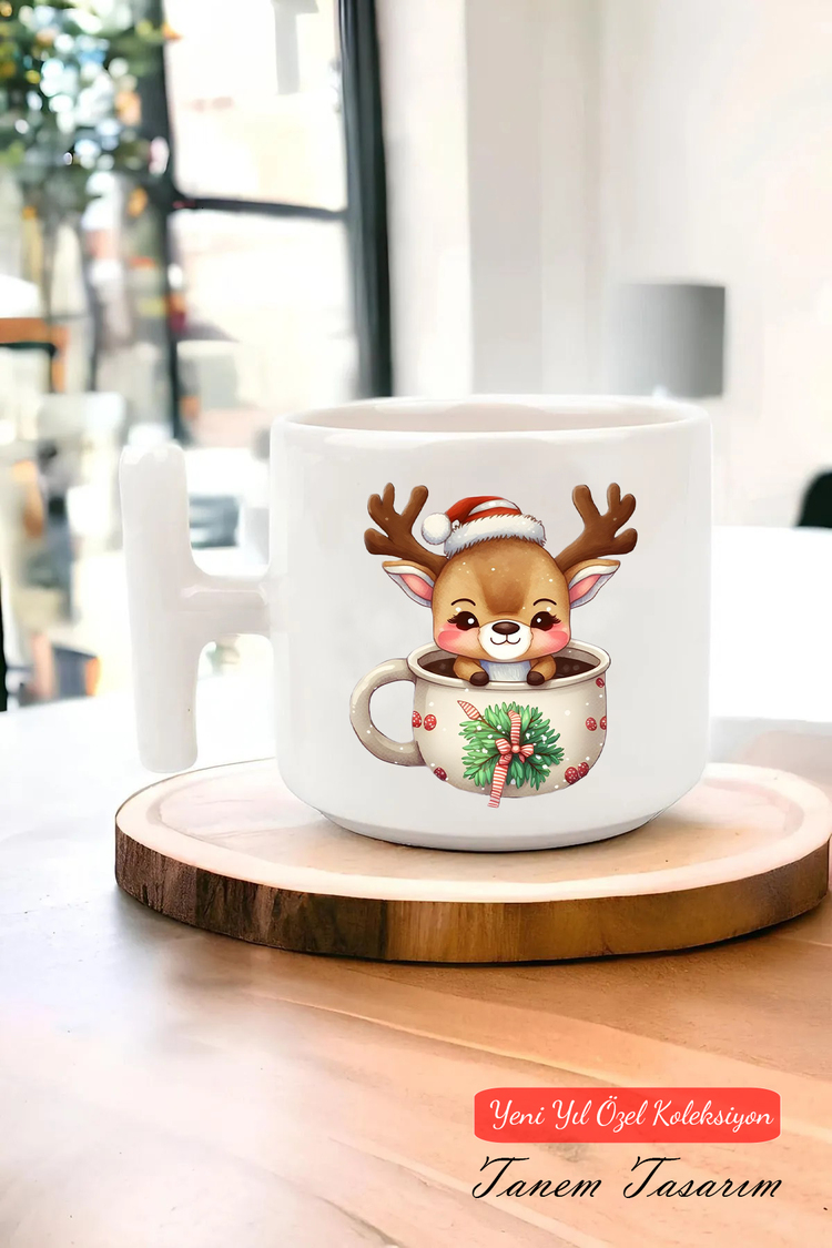Yeni Yıl Yılbaşı Noel Tasarımlı T Kulp Seramik Kupa