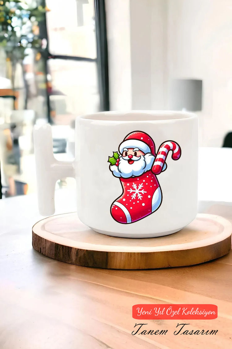 Yeni Yıl Yılbaşı Noel Tasarımlı T Kulp Seramik Kupa