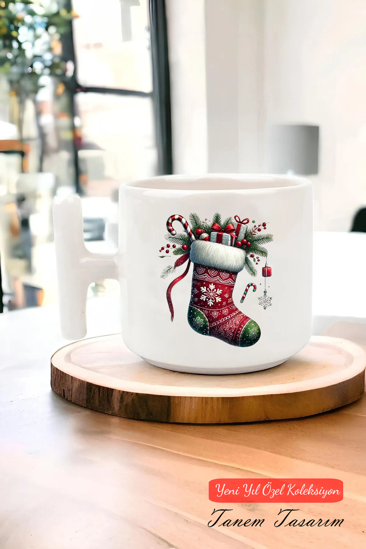 Yeni Yıl Yılbaşı Noel Tasarımlı T Kulp Seramik Kupa