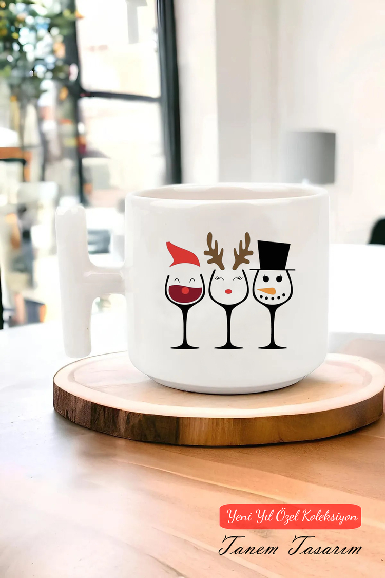 Yeni Yıl Yılbaşı Noel Tasarımlı T Kulp Seramik Kupa