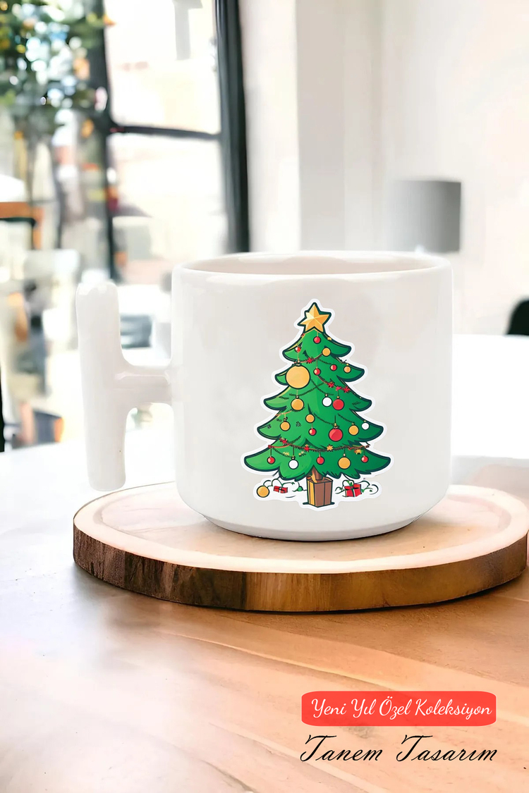Yeni Yıl Yılbaşı Noel Tasarımlı T Kulp Seramik Kupa