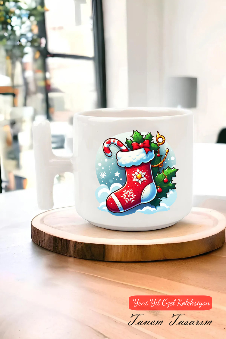Yeni Yıl Yılbaşı Noel Tasarımlı T Kulp Seramik Kupa