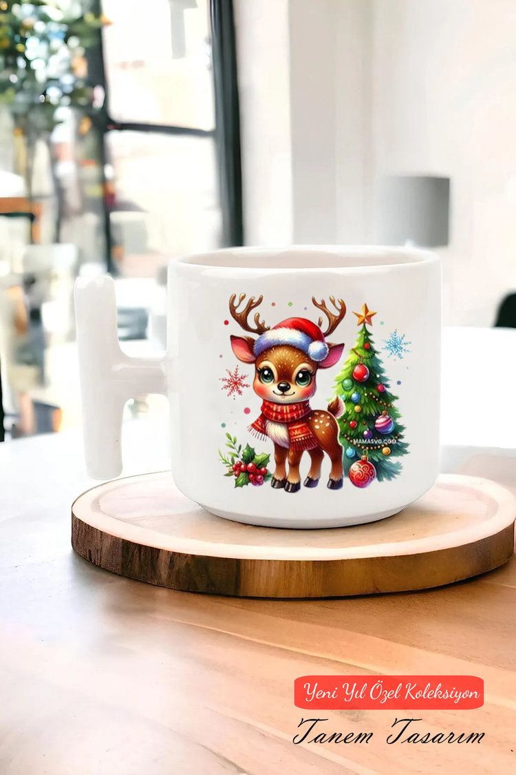 Yeni Yıl Yılbaşı Noel Tasarımlı T Kulp Seramik Kupa