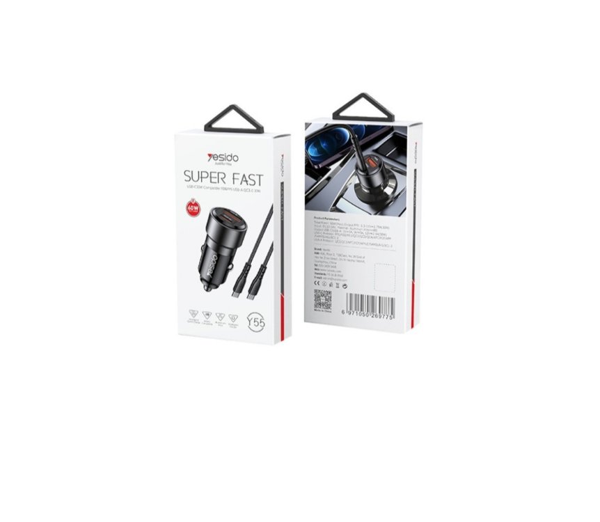 Yesido Y55 1 Adet 30W Usb / 1 Adet 30W Type-C ve 60W Type-C to Type-C Araç Şarj