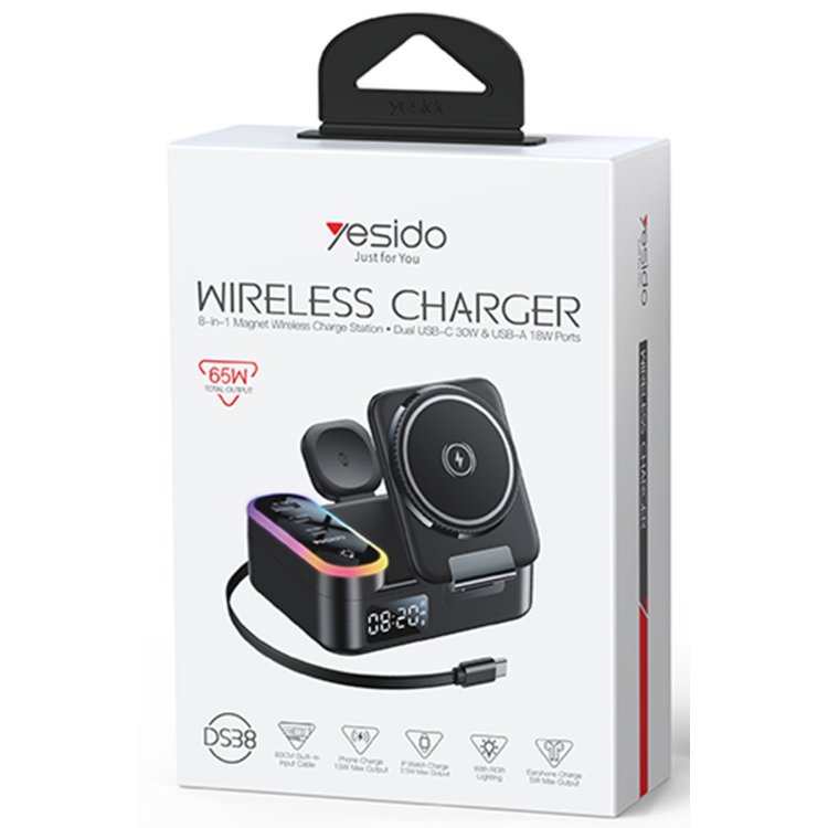 Yesido DS38 8in1 Katlanabilir Dijital Saat Göstergeli 65W Kablosuz Şarj Destekli