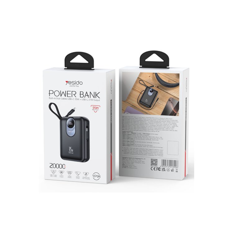 Yesido YP94 Dijital Göstergeli 20.000 mAh 35W Hızlı Şarj Destekli Çift Kablolu Powerbank