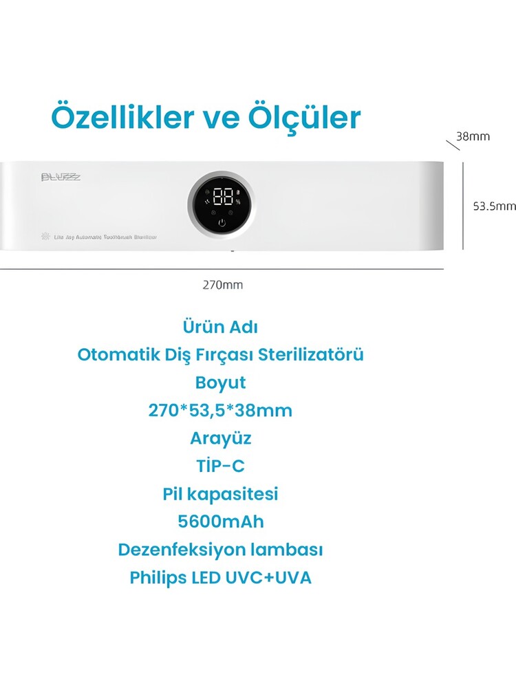 Pluzz Tam Otomatik Şarj Edilebilir Diş Fırçası Tutacağı ve Sensörlü Uv Sterilizatör