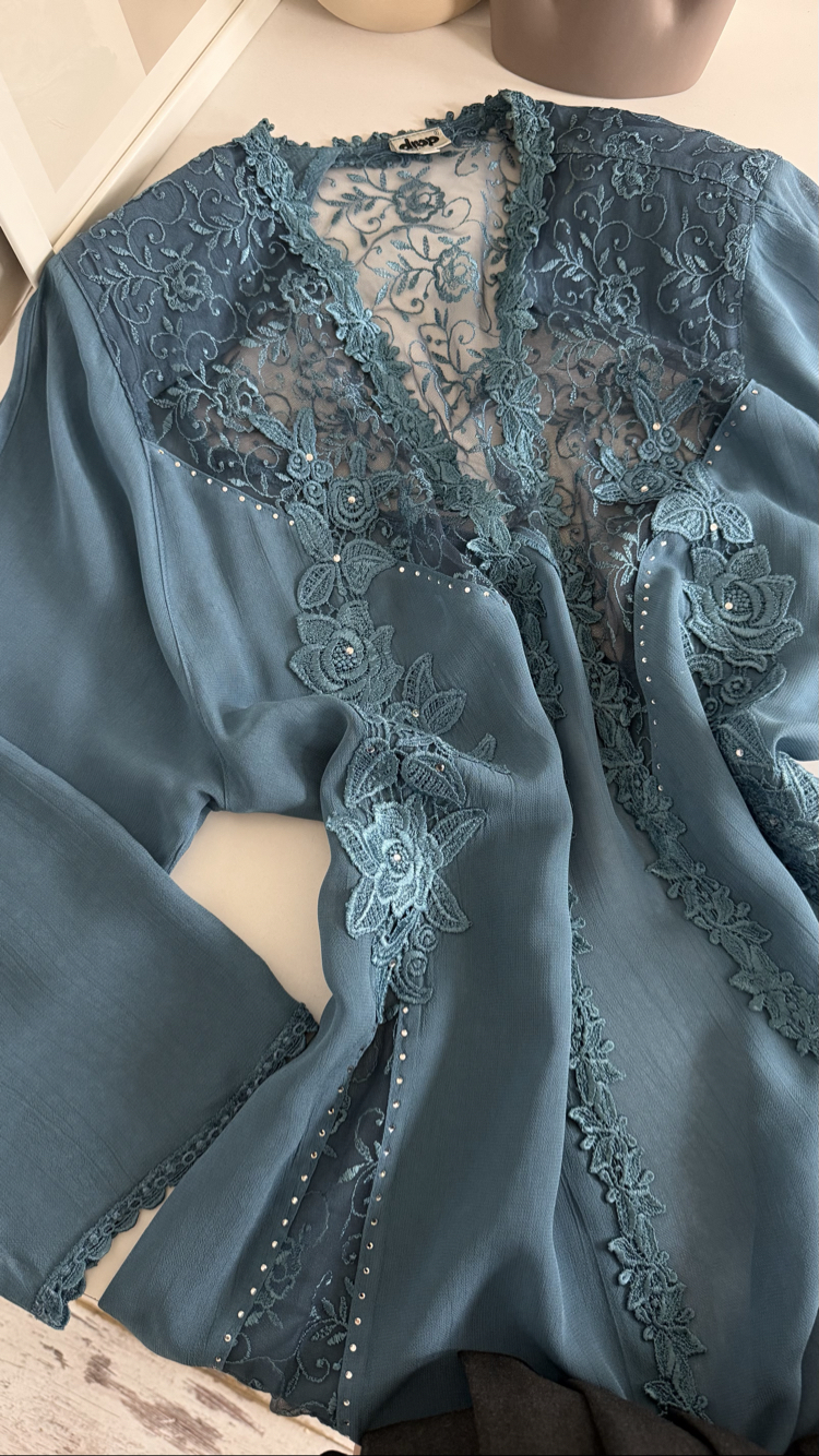 Drop %100 İtalyan Viscose Güpür Detaylı Maxi Kimono
