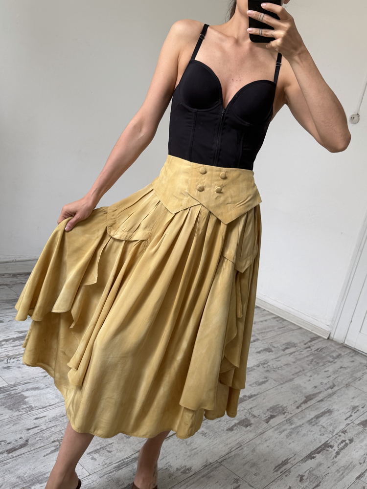 %100 İtalyan Viscose Frill Detaylı Midi Etek