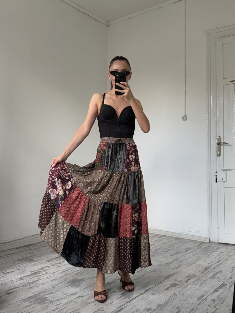 Full Power Paris Fransız %100 Viscose ve Kadife Patchwork Etek