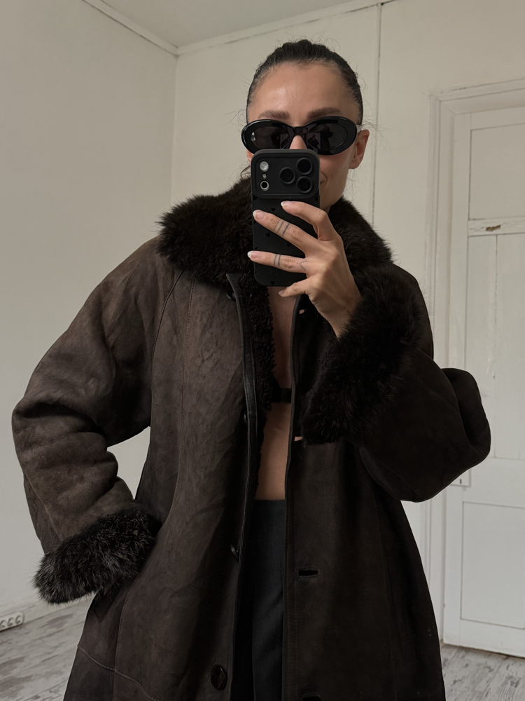 Stille Prestij Leather İtalyan Orjinal Süet Shearling Kaplama Nappa Maxi Kaban