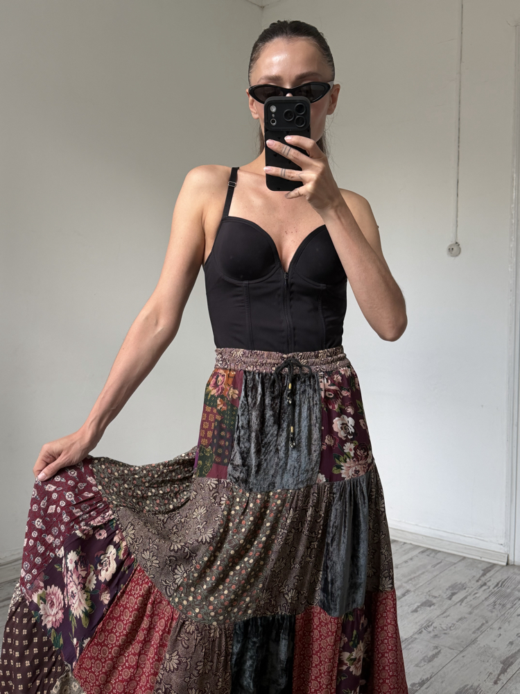 Full Power Paris Fransız %100 Viscose ve Kadife Patchwork Etek