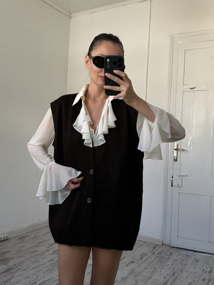 %35 Saf Yün Dokuma Sıfır Ürün Vintage Oversize Yelek