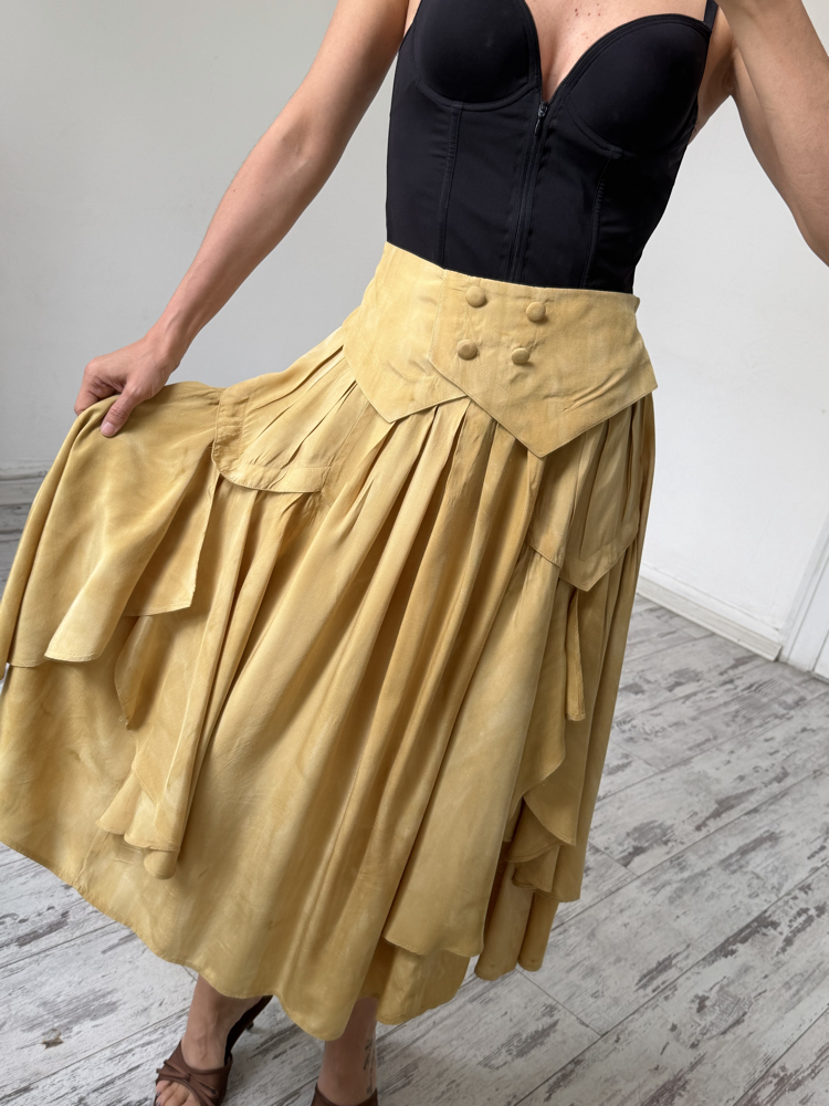 %100 İtalyan Viscose Frill Detaylı Midi Etek