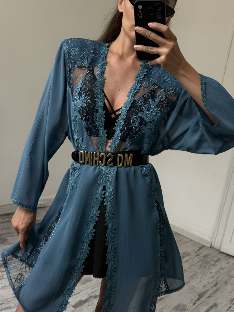 Drop %100 İtalyan Viscose Güpür Detaylı Maxi Kimono