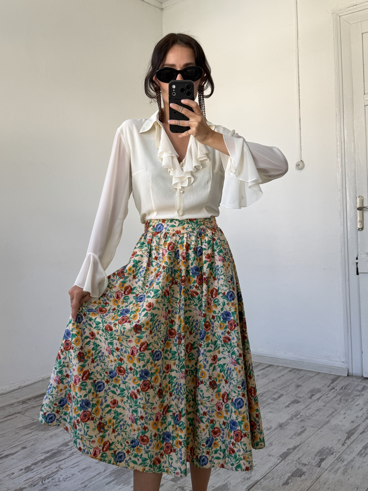 %100 Cotton Dokuma Bavyera Korsajlı Midi Etek