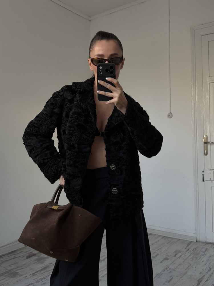 Custom Made %100 Orjinal Astragan Kürk Crop Ceket