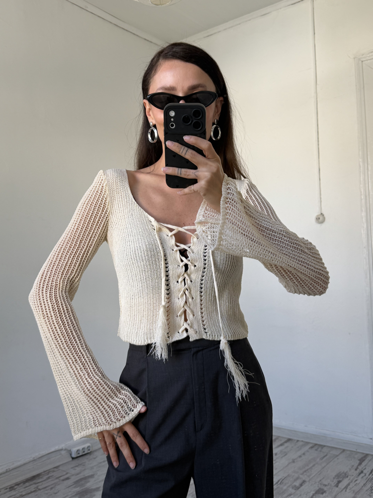 Kroşe Örgü 70s Önden Korsajlı Crop Bluz