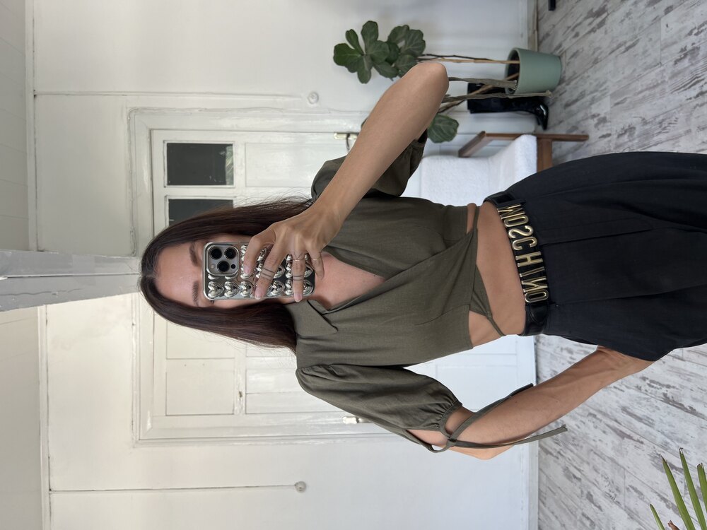 %100 Cotton Keten Görünümlü Crop Bağlamalı Bluz
