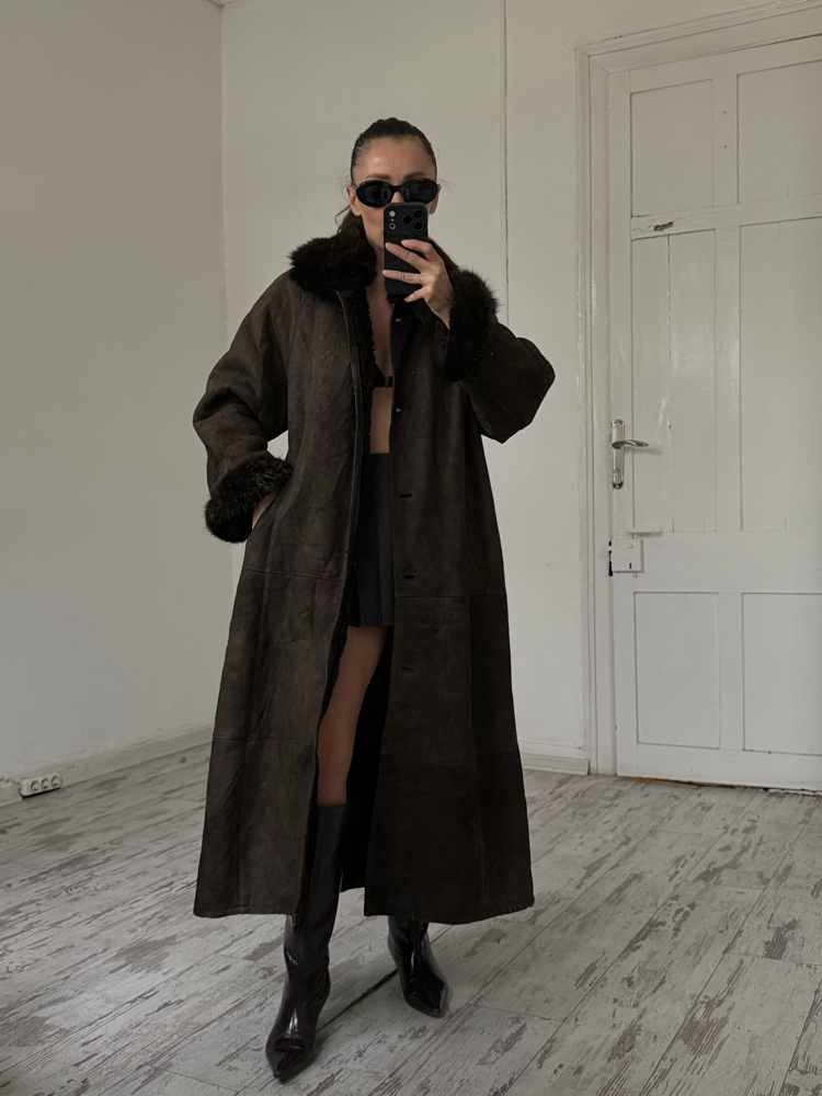 Stille Prestij Leather İtalyan Orjinal Süet Shearling Kaplama Nappa Maxi Kaban