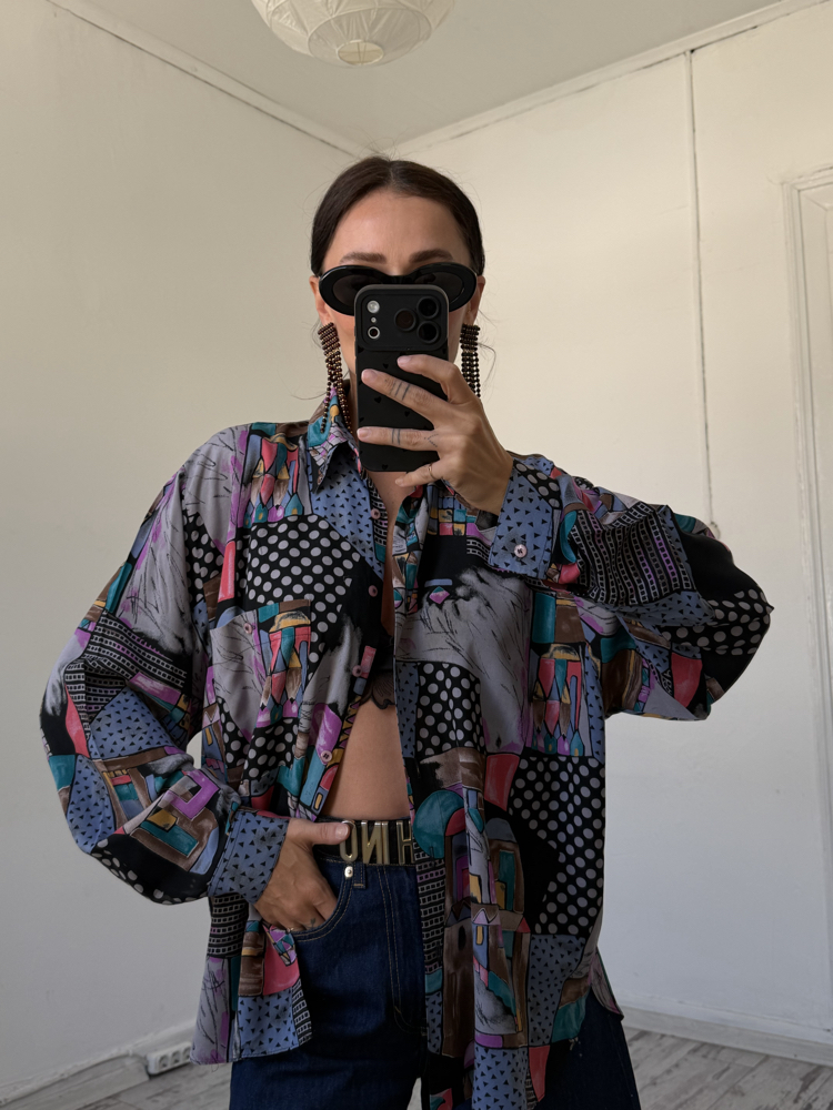 Gina G Fransız Viscose Ev ve Ağaç Figürlü Kimono Gömlek