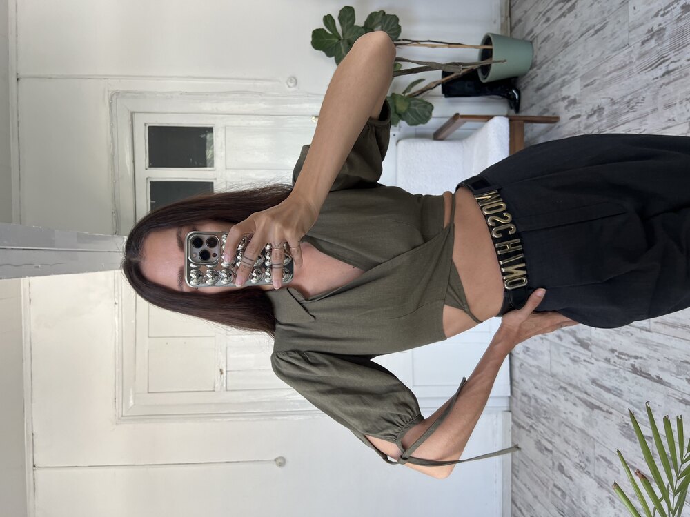 %100 Cotton Keten Görünümlü Crop Bağlamalı Bluz
