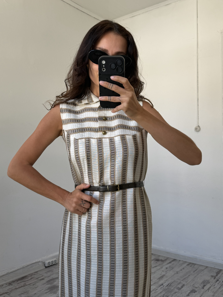 %100 Viscose Dokuma Kemer Detaylı Antika 70s Elbise