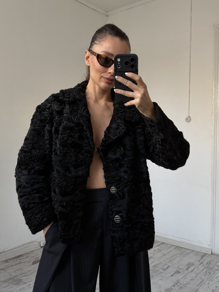 Custom Made %100 Orjinal Astragan Kürk Crop Ceket