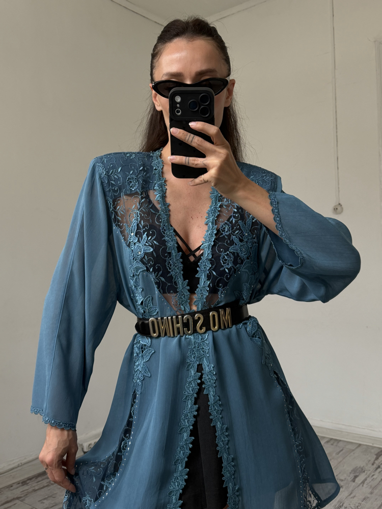 Drop %100 İtalyan Viscose Güpür Detaylı Maxi Kimono