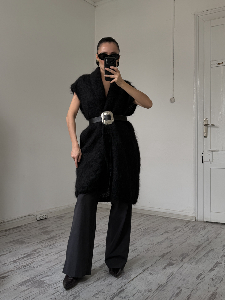 Elle Bi Tasarım Ürünü Kemerli %75 Mohair %25 Merinos Maxi Yelek