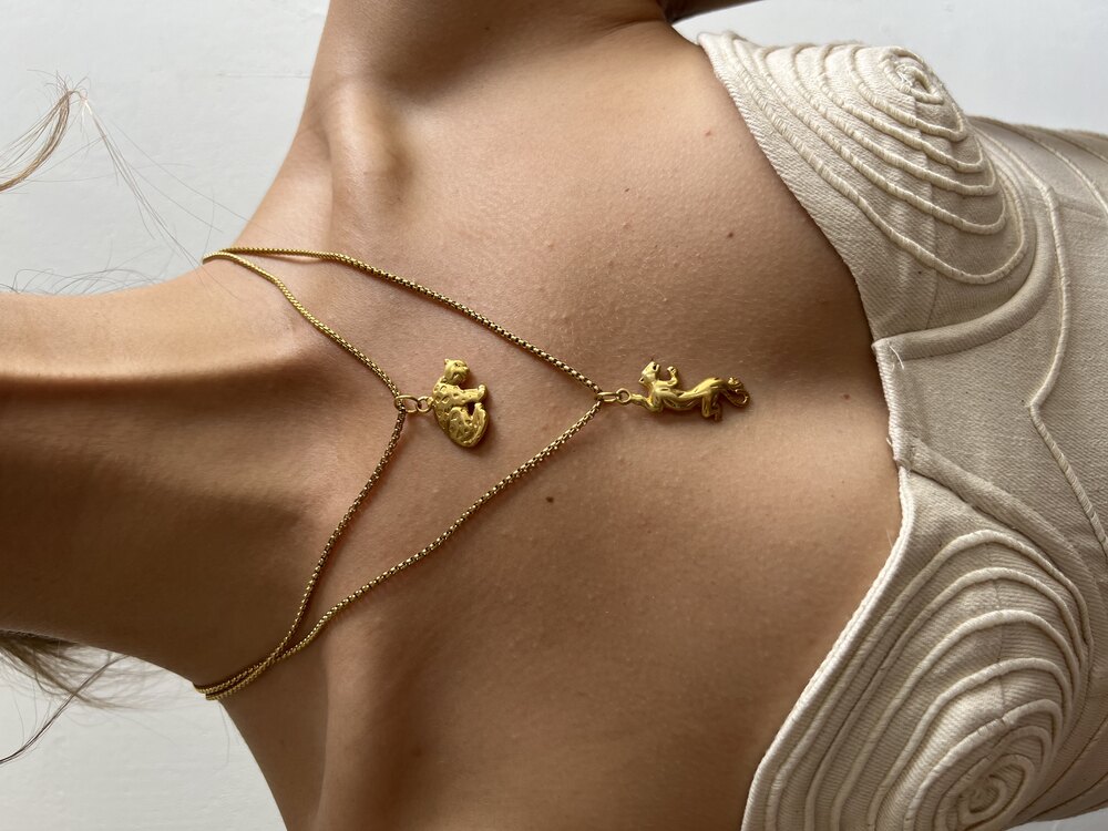 Oturan Leopar Vintage Tasarım 18k Gold Pl. Pirinç ve Çelik Kolyeler