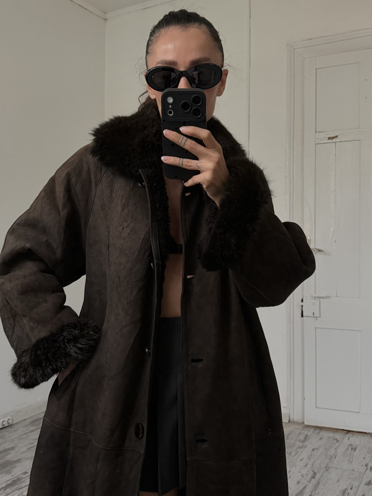 Stille Prestij Leather İtalyan Orjinal Süet Shearling Kaplama Nappa Maxi Kaban