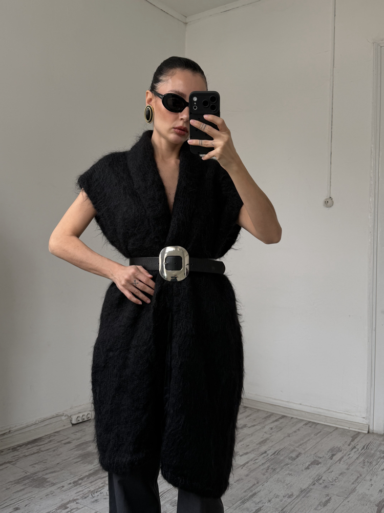 Elle Bi Tasarım Ürünü Kemerli %75 Mohair %25 Merinos Maxi Yelek