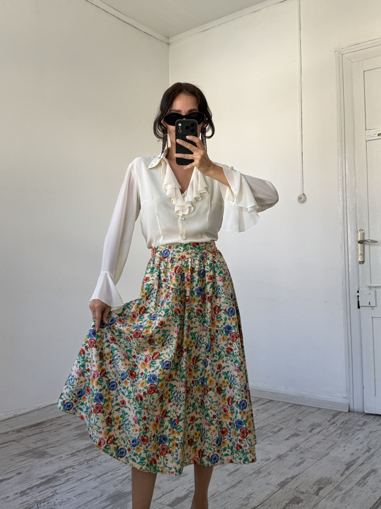 %100 Cotton Dokuma Bavyera Korsajlı Midi Etek