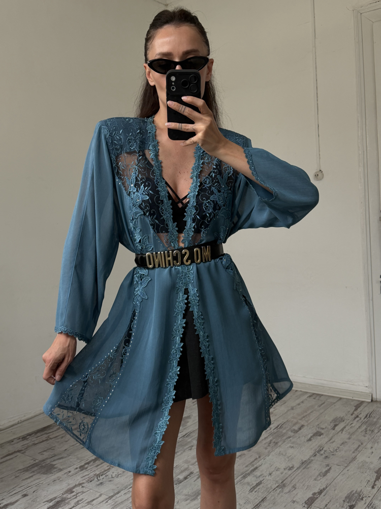 Drop %100 İtalyan Viscose Güpür Detaylı Maxi Kimono