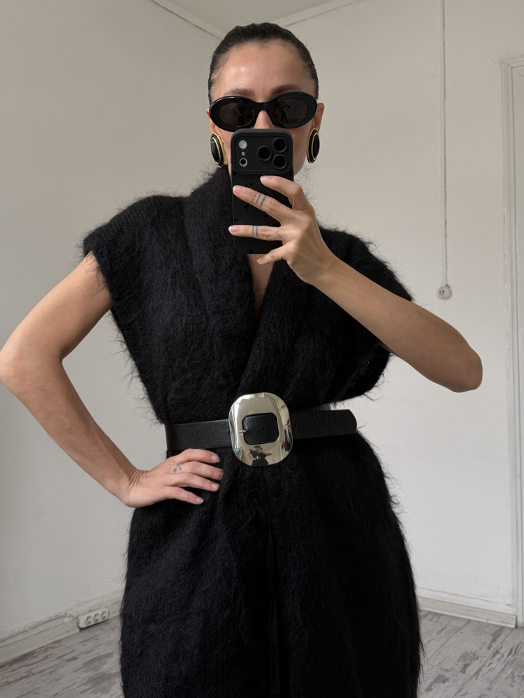 Elle Bi Tasarım Ürünü Kemerli %75 Mohair %25 Merinos Maxi Yelek