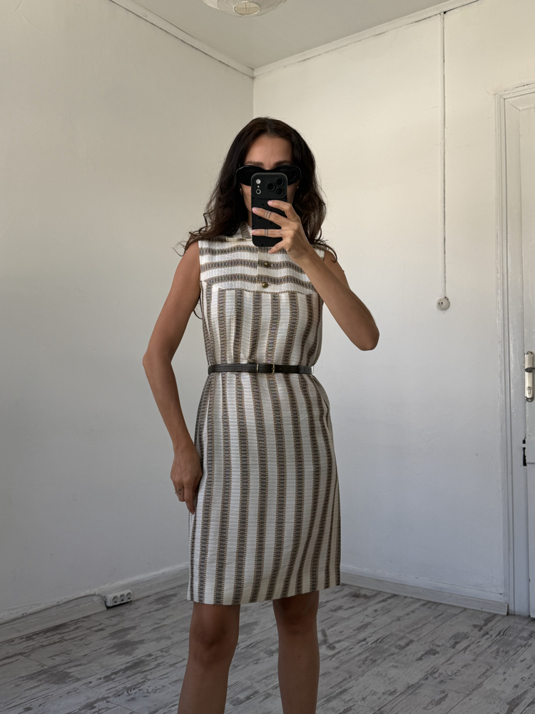 %100 Viscose Dokuma Kemer Detaylı Antika 70s Elbise