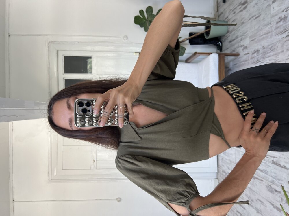 %100 Cotton Keten Görünümlü Crop Bağlamalı Bluz