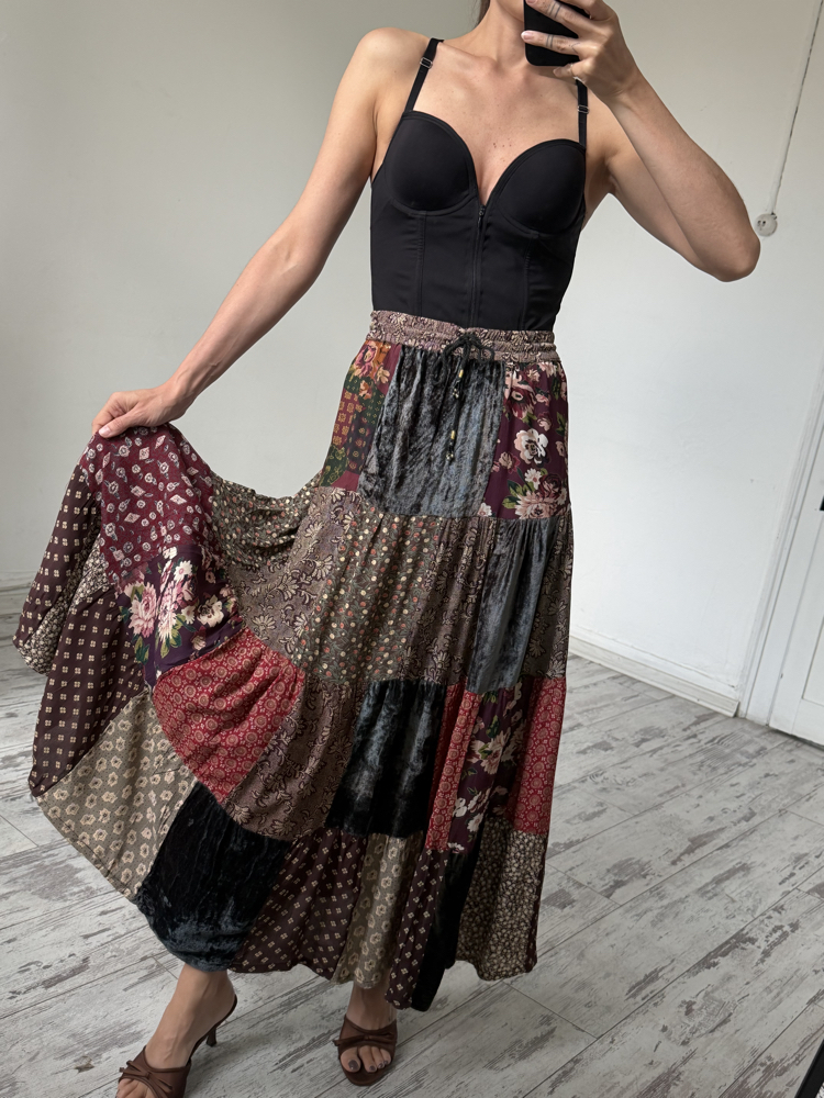 Full Power Paris Fransız %100 Viscose ve Kadife Patchwork Etek