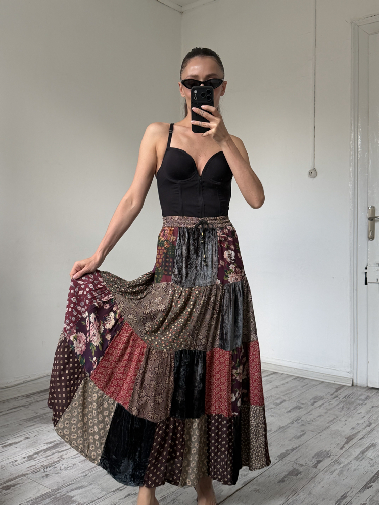 Full Power Paris Fransız %100 Viscose ve Kadife Patchwork Etek