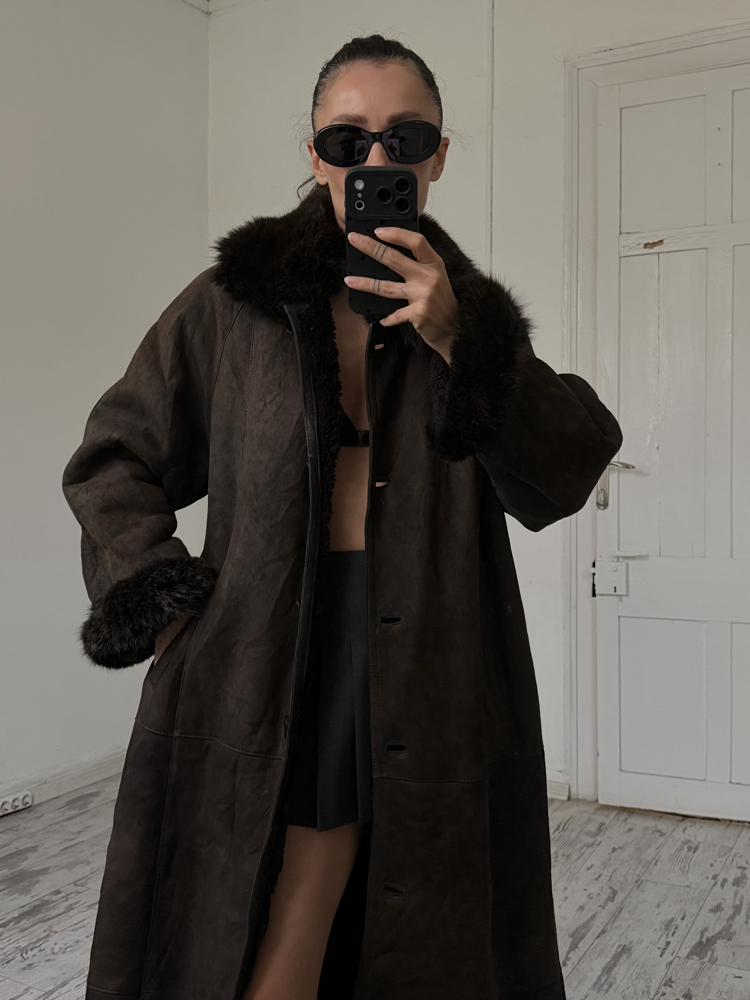 Stille Prestij Leather İtalyan Orjinal Süet Shearling Kaplama Nappa Maxi Kaban