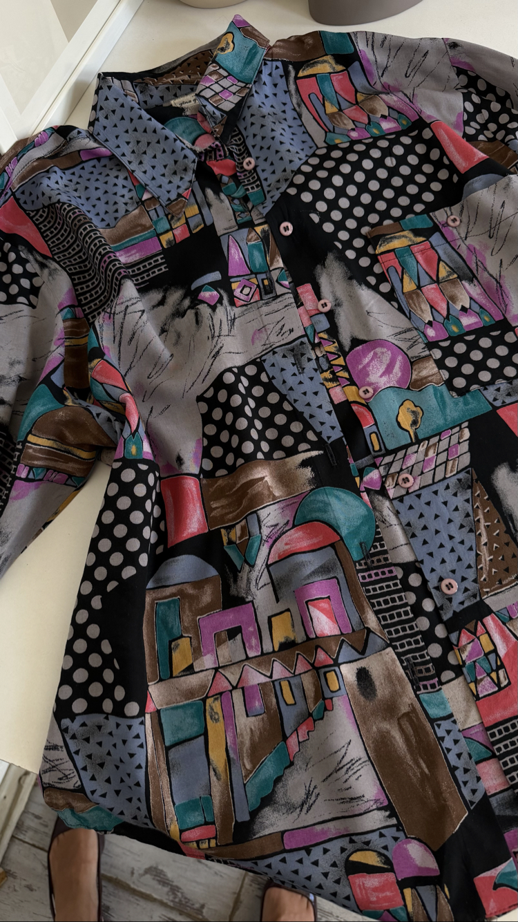 Gina G Fransız Viscose Ev ve Ağaç Figürlü Kimono Gömlek