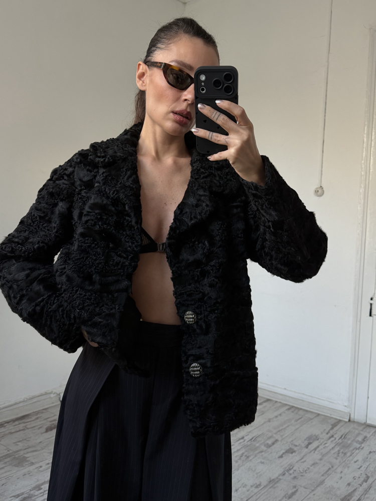 Custom Made %100 Orjinal Astragan Kürk Crop Ceket