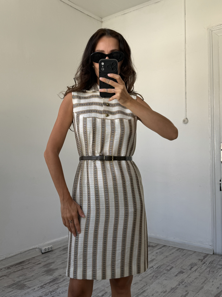 %100 Viscose Dokuma Kemer Detaylı Antika 70s Elbise