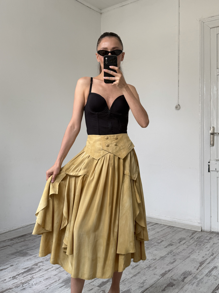 %100 İtalyan Viscose Frill Detaylı Midi Etek