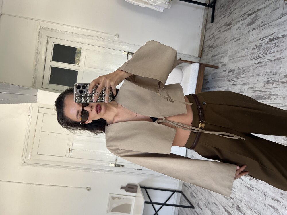 %100 Cotton Bağlama Detaylı Crop Bluz
