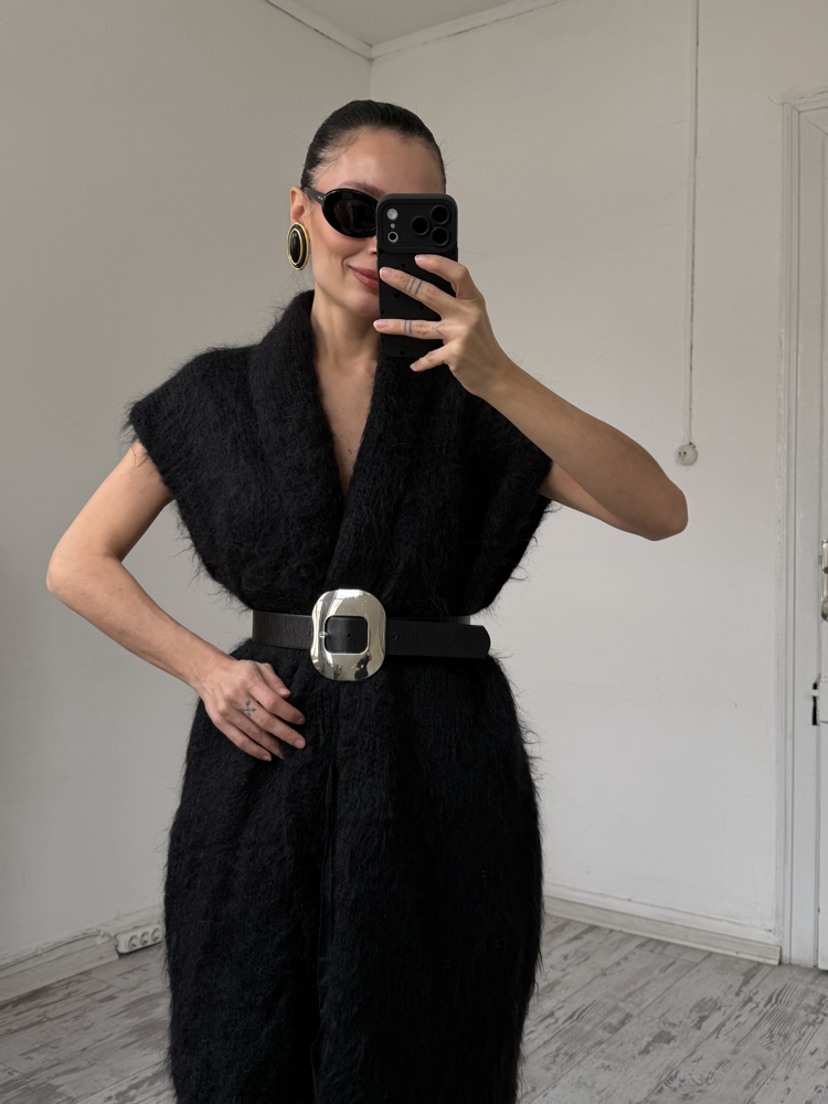 Elle Bi Tasarım Ürünü Kemerli %75 Mohair %25 Merinos Maxi Yelek