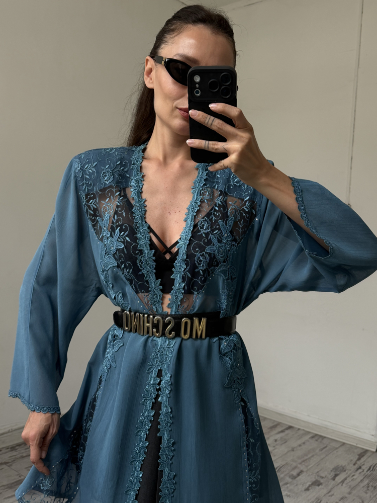 Drop %100 İtalyan Viscose Güpür Detaylı Maxi Kimono