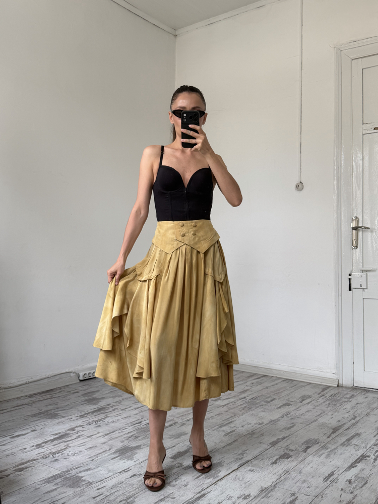 %100 İtalyan Viscose Frill Detaylı Midi Etek